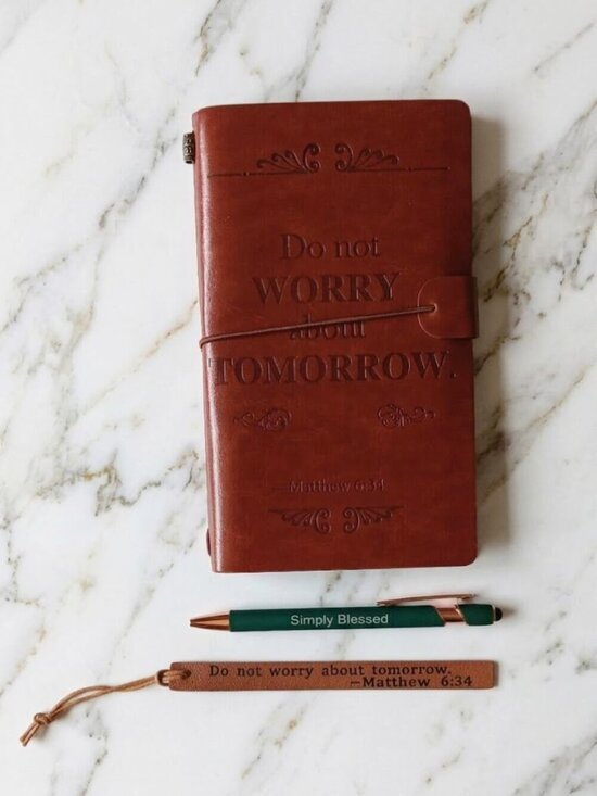 Other - Embossed Leather Journal with Pen Bookmark - Matthew 6:34
